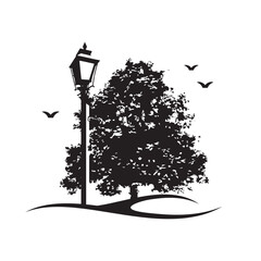 Old school lamp post street with oak tree and birds black and white illustration - obrazy, fototapety, plakaty