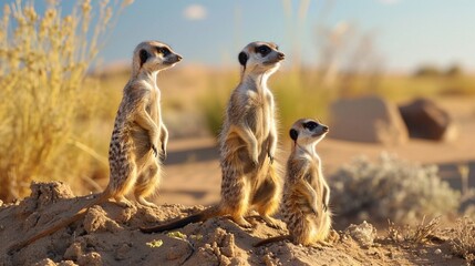 A family of meerkats standing on their hind legs, surveying the desert landscape for potential threats.