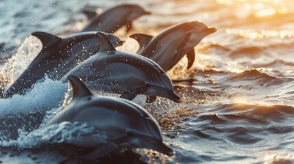 a group of dolphins jumping out of water in the sunlight presenting a beautiful view