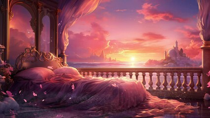 Elegant Bedroom Retreat: Luxurious Bed by the Ornate Window, Capturing a Magical Sunset. 4K Seamless Looping Video Background.