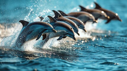 A pod of dolphins leaping in unison out of the water, capturing the grace and playfulness of these intelligent marine creatures