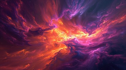 A glowing neon nebula with swirls of vibrant orange pink and purple gas dancing in the cosmic winds