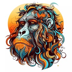 Abstract gorilla head close up with tangled doodle elements. Full color illustrations. generative ai