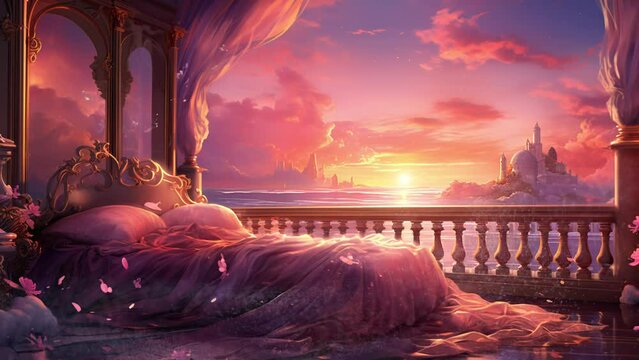 Elegant Bedroom Retreat: Luxurious Bed by the Ornate Window, Capturing a Magical Sunset. 4K Seamless Looping Video Background.