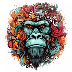 Abstract gorilla head close up with tangled doodle elements. Full color illustrations. generative ai