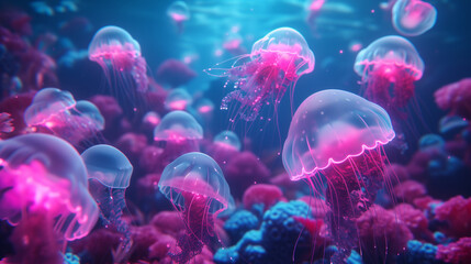 A mesmerizing underwater scene featuring a ballet of neon jellyfish, their luminous bodies gracefully drifting among the coral reefs, glowing with vibrant hues of pink and blue.