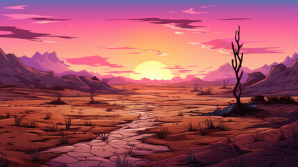 Wasteland, desert drought landscape illustration in cartoon style. Scenery background for game - obrazy, fototapety, plakaty