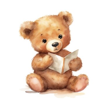 Cute baby bear cub character reading book watercolor illustration for children book.