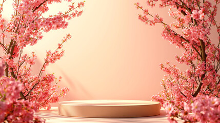 Product display with podium and blossom branches frame at light peach background. Scene stage showcase. Free space for your text, 4K, 