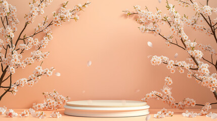 Product display with podium and blossom branches frame at light peach background. Scene stage showcase. Free space for your text, 4K, 