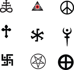 setan, simbol, salib, pentagram, ahli sihir, penyihir, vektor, bintang, menandatangani, rambu rambu, tanda, neraka, logo, lambang, tato, okultisme, seni, ilustrasi, arca, ikon, terisolasi, lawas, hall - obrazy, fototapety, plakaty