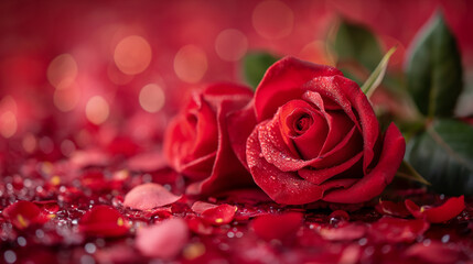 Beautiful two red rose of love wallpapers background with glitter, bokeh lights, romantic and charm atmosphere in background. Valentine concept.