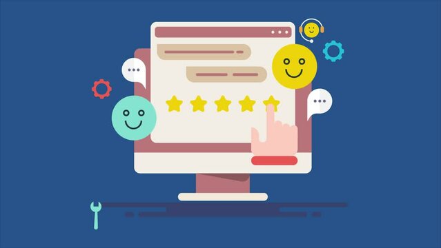 Customer review and rating, sharing feedback and buying experience online, happy client with emoticon conceptual business communication 2d animation clip.