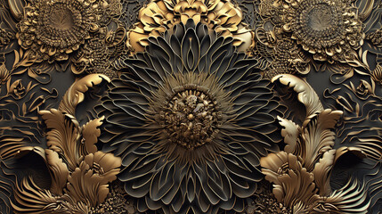 An exquisite baroque-inspired golden floral mandala, intricately designed with a deep emboss effect on a dark background, radiating luxury and artistry.