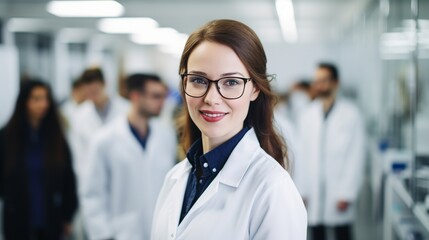 Portrait of a confident female researcher in a white lab coat and glasses, working in a modern medical science laboratory with a team of specialists in the background