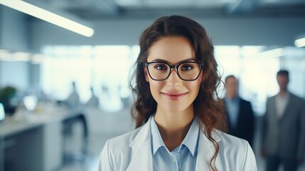 Fototapeta premium Portrait of a confident female researcher in a white lab coat and glasses working in a modern medical science laboratory with a team of specialists behind her