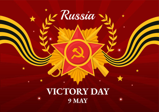 Russia Victory Day Vector Illustration on May 9 with Medal Star Of The Hero, Great Patriotic War and Ribbon Yellow Black Color in Flat Background