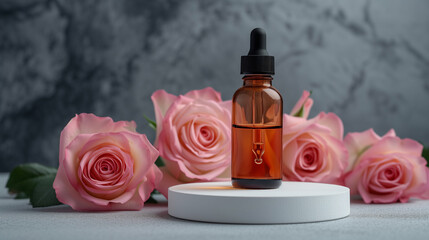 Facial serum in glass dropper bottle on white podium and pink roses on grey background. Natural skin care cosmetic. Beauty routine concept. Minimal composition. Trendy product for branding.