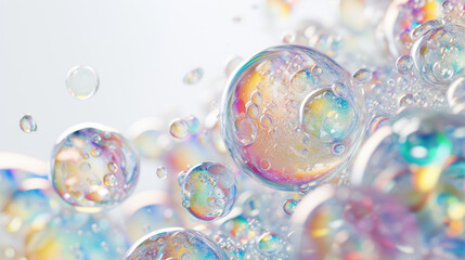 This vibrant image showcases the whimsical beauty of soap bubbles, with colorful reflections creating a kaleidoscopic effect that's full of wonder and joy. - obrazy, fototapety, plakaty