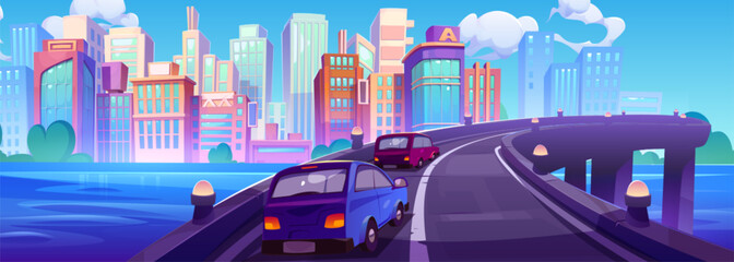 Cars on river bridge against cityscape background. Vector cartoon illustration of modern skyscrapers and city buildings, autos driving flyover road above water, green trees, blue sunny sky with clouds