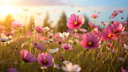 Obraz premium Cosmos flowers in vibrant colors blooming under sunny sky in open field
