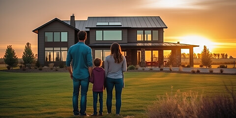  family standing in front of a residential home at sunset, Young family looking at their new home