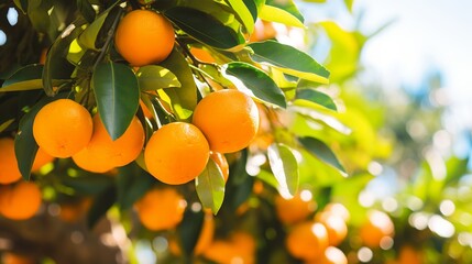 Fresh ripe oranges on a tree in a Spanish citrus orchard