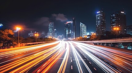 Obraz premium Time lapse of cars with light trails in a modern city at night. Abstract motion blur and soft glowing lines of transportation.