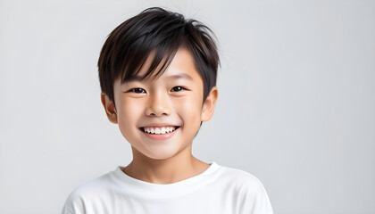 White background photo of portrait of cute Asian boy model smiling with perfect clean teeth. For advertising, web design, etc.