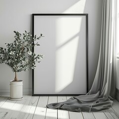 blank empty nordic style picture frame leaning against a wall