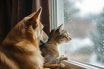 Dog and cat as best friends, looking out the window together 