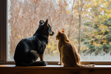 Dog and cat as best friends, looking out the window together 
