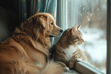 Dog and cat as best friends, looking out the window together 