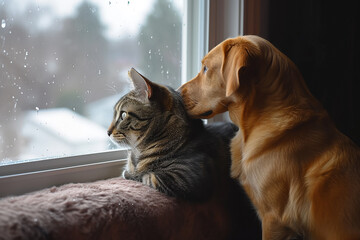 Dog and cat as best friends, looking out the window together 