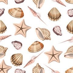Seamless pattern of seashells on a white background.Vector pattern for textiles, summer designs, cards, wallpapers.
