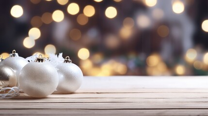 Fototapeta premium Christmas composition with wooden white rustic background and bokeh effect. Copy space for text. Banner backdrop for holiday greeting cards.