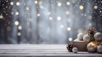 Fototapeta premium Christmas composition with wooden white rustic background and bokeh effect. Copy space for text. Banner backdrop for holiday greeting cards.