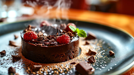Chocolate cake with raspberries and chocolate shavings on a plate.