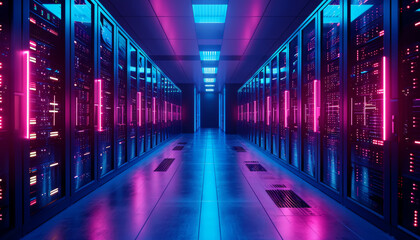 Fototapeta premium Illuminated data server center with rows of server racks in a technology environment,AI generated