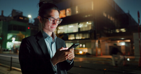 Businessman, phone and typing at night in city for communication, social media or outdoor...