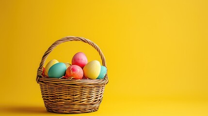 easter basket with colorful eggs isolated on yellow background with copyspace - obrazy, fototapety, plakaty