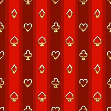Gold color on red background playing cards seamless pattern.