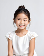 White background photo of portrait of cute Asian girl model smiling with perfect clean teeth. For advertising, web design, etc.