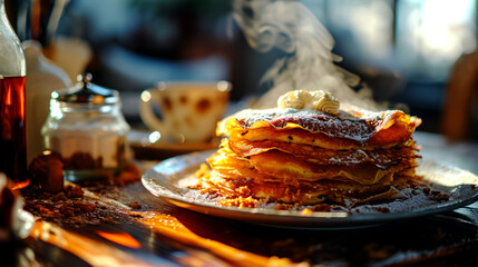 Pancakes with sugar powder and cup of coffee on wooden table.