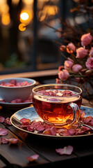 Tea on a Cozy Evening Outside with Warm Rose Petal Warm Autumn Tea Service on a Wooden Table 
