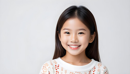 White background photo of portrait of cute Asian girl model smiling with perfect clean teeth. For advertising, web design, etc.