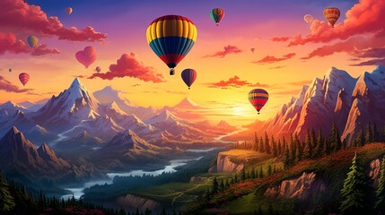 Hot air balloons flying over snow-capped mountains and colorful sky at sunset - obrazy, fototapety, plakaty