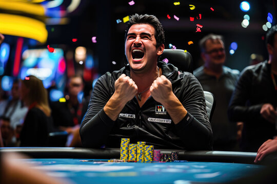 An enthusiastic poker player celebrates a big win with chips on the table in a vibrant casino setting.