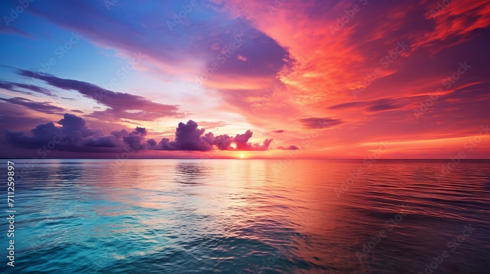 Wall mural beautiful sunset colors over the ocean with fluffy clouds