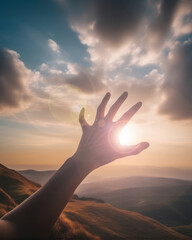 hand in sunset and blue sky Background